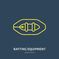 Rafting, kayaking flat line icon. Vector illustration of water sport - raft, river boat. Linear sign, summer recreation pictogram for paddling gear store.