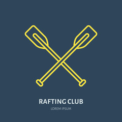 Rafting, kayaking flat line icon. Vector illustration of water sport - raft paddles. Linear sign, summer recreation pictogram for river paddling gear store.