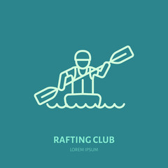 Rafting, kayaking flat line icon. Vector illustration of water sport - rafter with paddle in river boat. Linear sign, summer recreation pictograms for paddling gear store.