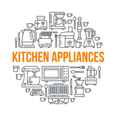Fototapeta na wymiar Kitchen small appliances equipment banner illustration. Vector line icon of household cooking tools - blender, mixer, food processor, coffee machine, microwave, toaster. Electronics circle template.