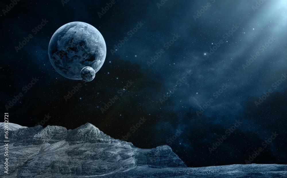 Wall mural space scene. blue nebula with planet and terrain in front. elements furnished by nasa. 3d rendering