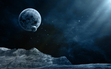 Space scene. Blue nebula with planet and terrain in front. Elements furnished by NASA. 3D rendering © Space Creator