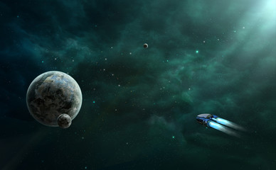 Obraz na płótnie Canvas Space scene. Green nebula with planet and space ship. Elements furnished by NASA. 3D rendering