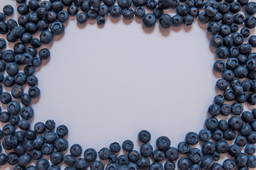Fototapeta premium Blueberries isolated on white background. Blueberry border design. Ripe and juicy fresh picked bilberries close up. Copyspace. Top view or flat lay
