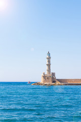 Venetian lighthouse at the harbour entrance, Chania, Crete, Greece, Europe.