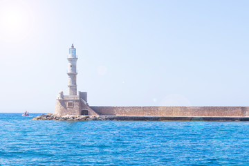 Venetian lighthouse at the harbour entrance, Chania, Crete, Greece, Europe.