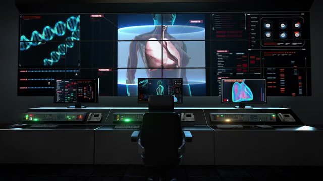 Human medical care center, main control room, Scanning body. Rotating Human Female lungs, Pulmonary Diagnostics in digital display.