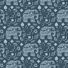 Seamless pattern with elephants and flowers. Background for textile, baby shower, greeting card, wrapping. Floral ornament.