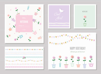 Cute cards for girls. Can be used for baby shower, birthday, babies clothes, notebook cover design. Ribbons, garlands, patterns with gold glitter elements.