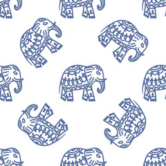 Seamless pattern with elephants. Background for textile, baby shower, greeting card, yoga poster, wrapping. Oriental ornament.