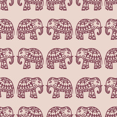 Seamless pattern with elephants. Background for textile, baby shower, greeting card, yoga poster, wrapping. Oriental ornament.