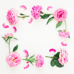 Floral frame of pink flowers - roses and peonies on white background. Floral composition. Flat lay, top view.