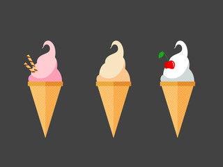 Ice cream. Three wafer cones with soft ice cream. Summer dessert vector illustrations icon