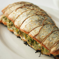 Roasted salmon with bean salsa