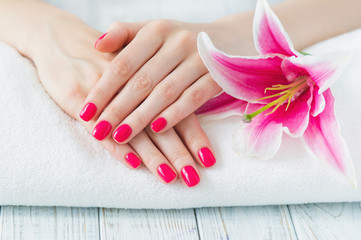 Obraz na płótnie Canvas Beautiful woman hands with pink manicure and lily, spa beauty treatment