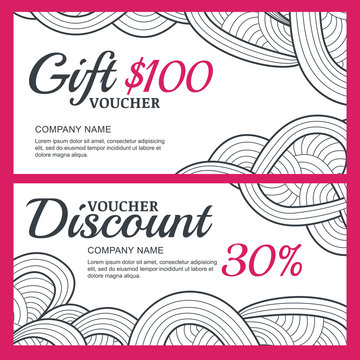 Vector gift and discount voucher template with abstract hand drawn waves. Black and white doodle holiday cards. Design concept for gift coupon, invitation, certificate, flyer, banner, ticket.