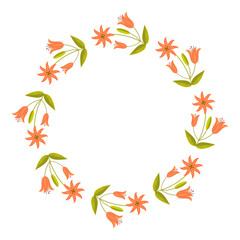 Fototapeta na wymiar Round decorative frame with abstract orange flowers. Vector clip art.