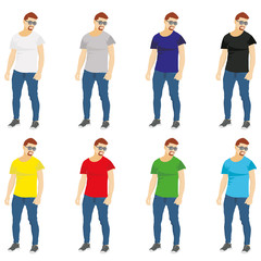 Set of colored t-shirts templates on the man. For promotional and advertising clothes. Vector illustration AI10