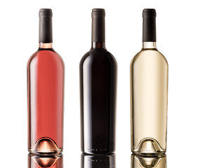 Set of white, rose, and red wine bottles. isolated on white background. Clipping path included.