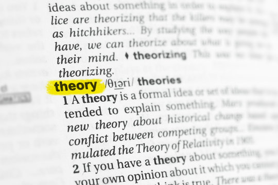 Highlighted English word "theory" and its definition at the dictionary