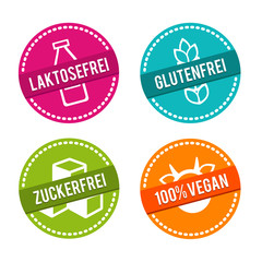 Vektor Symbole Vegan, Glutenfrei, Laktosefrei und Zuckerfrei.