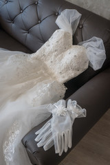 beautiful wedding dresses on sofa