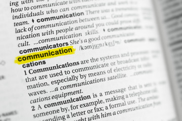 Highlighted English word "communication" and its definition at the dictionary