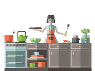 A woman in an apron preparing food in the kitchen. Vector illustration, isolated on white bsckground.