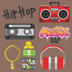 Hip hop accessory musician with microphone breakdance expressive rap symbols vector illustration.