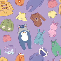 Seasonal infant clothes for kids babyish fashion infantile puerile cloth shop illustration seamless pattern background