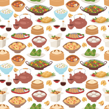 Chinese traditional food steamed dumpling asian delicious seamless pattern vector