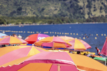 A lot of beach umbrellas near the water