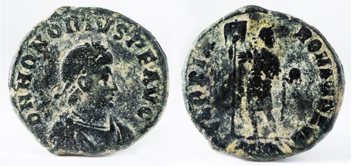 Ancient Roman copper coin of Emperor Honorius.