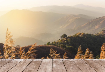 Empty perspective old wooden balcony terrace floor on viewpoint high tropical rainforest mountain...