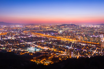 Fototapeta na wymiar Downtown Seoul Beautiful night of Korea with Seoul Tower after sunset, South Korea.