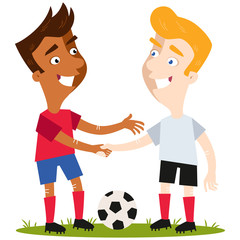 Vector illustration of two friendly cartoon soccer players standing on football field with the ball shaking hands respectfully isolated on white background - obrazy, fototapety, plakaty