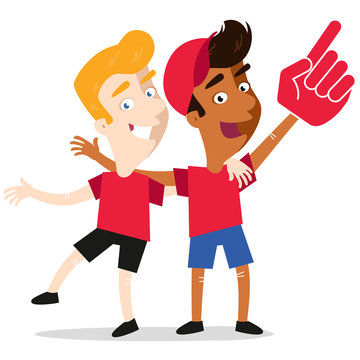 Vector illustration of two young sports Fans wearing foam hand rooting for their team isolated on white background