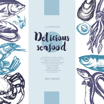 Delicious Seafood - color drawn vintage banner template.