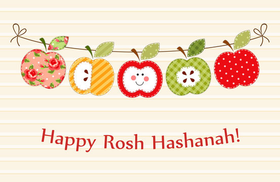 Cute bright apples garland as Rosh Hashanah Jewish New Year symbols