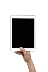 Hand holding a tablet isolated on white