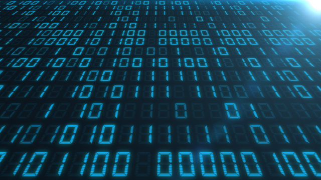Screen of blue binary code, seen from the top at an angle.