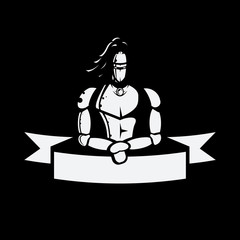 Black and white vector image medieval knight above the ribbon