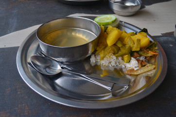 Food in Koreyan Buddhist monastery temple in Lumbini, Nepal - birthplace of Buddha