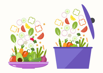 Vegetable plate. Vegetable pan. Slices of vegetables. Flat design.