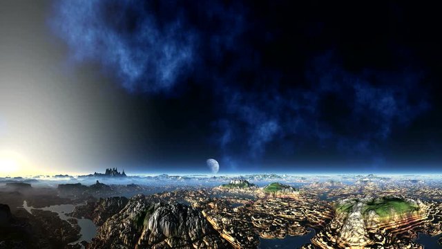 Huge Nebula and Alien Planet. On a dark blue starry sky is a huge nebula. Above the misty horizon is the planet and the bright sun in halo. Below them are mountains and lakes of  alien planet.

