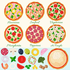 Fototapeta na wymiar Pizza set vector illustration. Hawaiian, Margherita, Pepperoni, Vegetarian, Seafood, Mushroom pizza. Isolated pizza ingredients