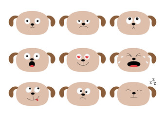 Cute dog head set. Funny cartoon characters. Emotion collection. Happy, surprised, crying, sad, angry puppy. White background. Isolated. Flat design