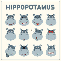 Emoticons set face of hippopotamus in cartoon style. Collection isolated funny muzzle hippo with different emotion. - 162636119