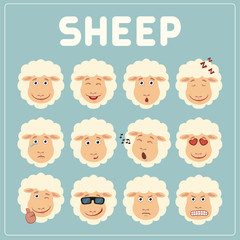 Naklejka premium Emoticons set face of sheep in cartoon style. Collection isolated funny muzzle sheep with different emotion.