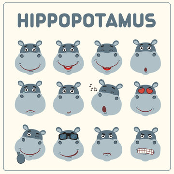 Emoticons set face of hippopotamus in cartoon style. Collection isolated funny muzzle hippo with different emotion.
